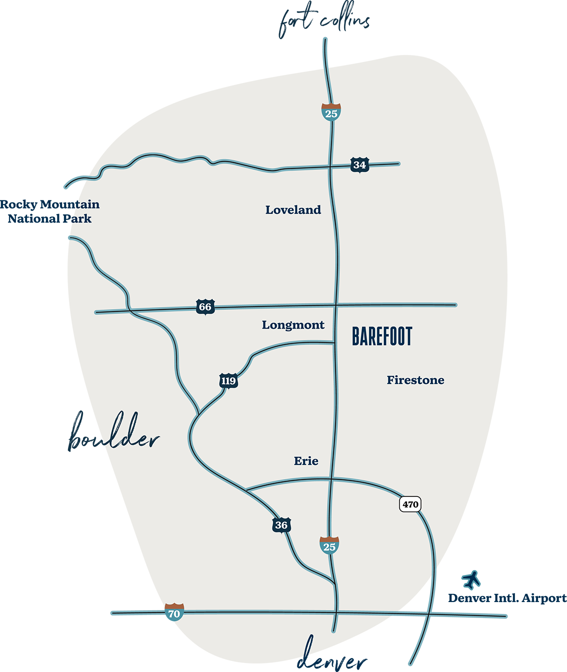 Barefoot Area Map Proximity Denver Colorado