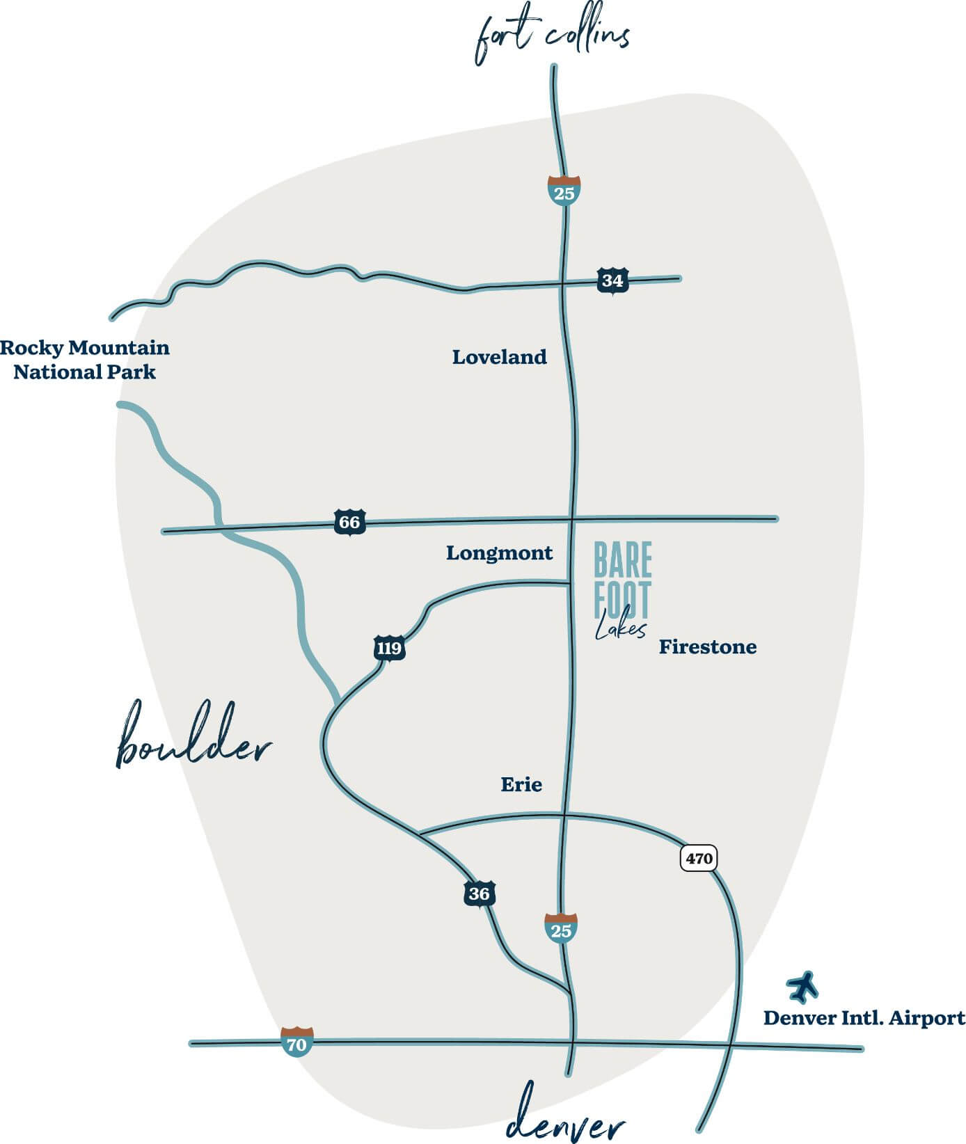 Firestone Colorado Area Map for Barefoot Lakes Community